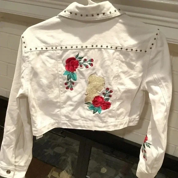 Disney White Jean Jacket with Red Floral Embroidery - Picture 3 of 8